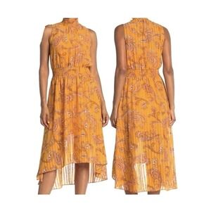 Nanette Lepore Dress Sz 8 Gold Floral Smocked Neck Pleated‎ Sleeveless High Low